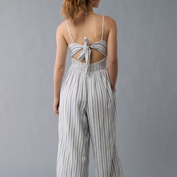 American Eagle White and Blue Striped Jumpsuit with Wide-Leg Silhouette - Picture 2 of 2